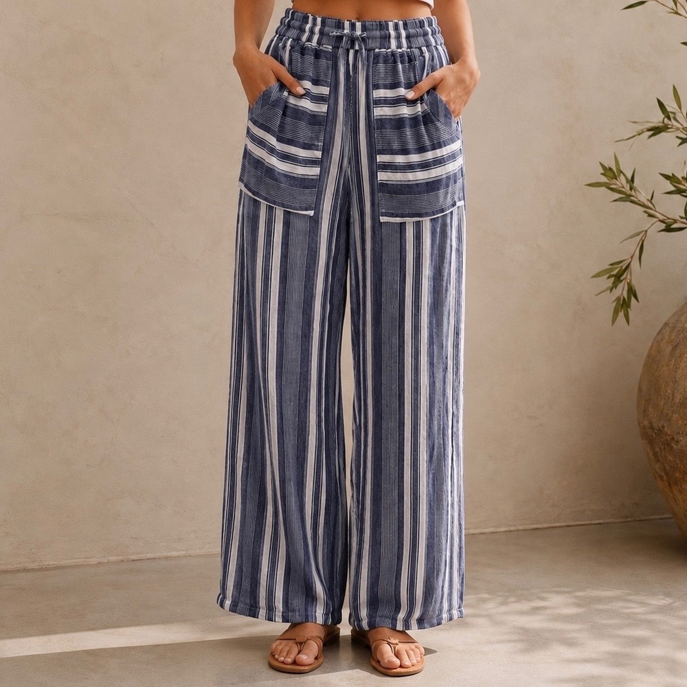 Billabong Blue White Striped Rayon Wide Leg Beach Pants Drawstring Women's S‎